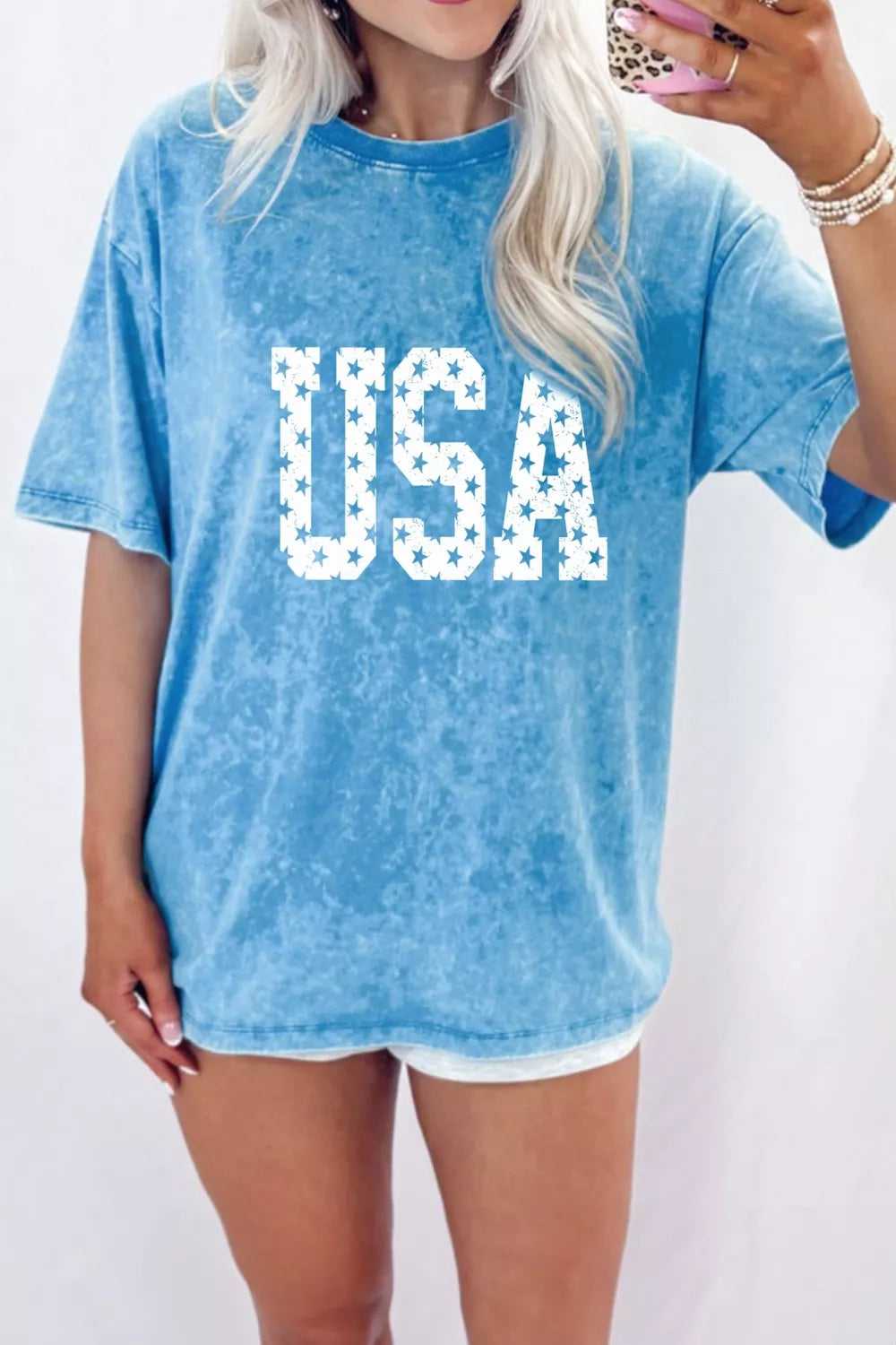 USA Star Print Acid Wash T-Shirt