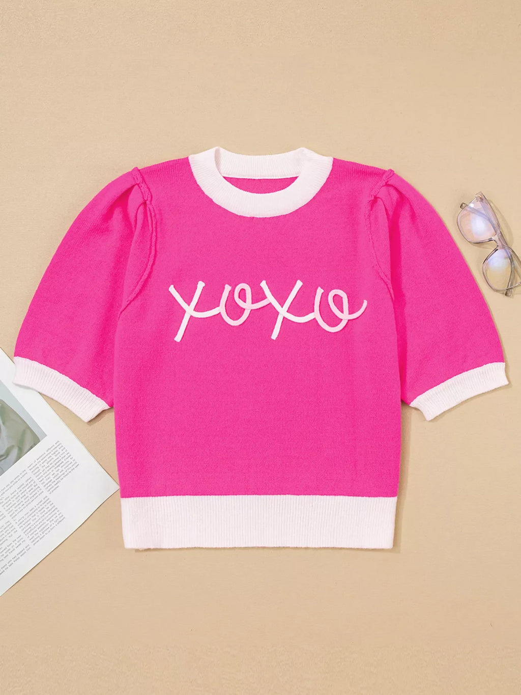 XOXO Valentines Contrast Trim Crew Neck Short Sleeve Sweater