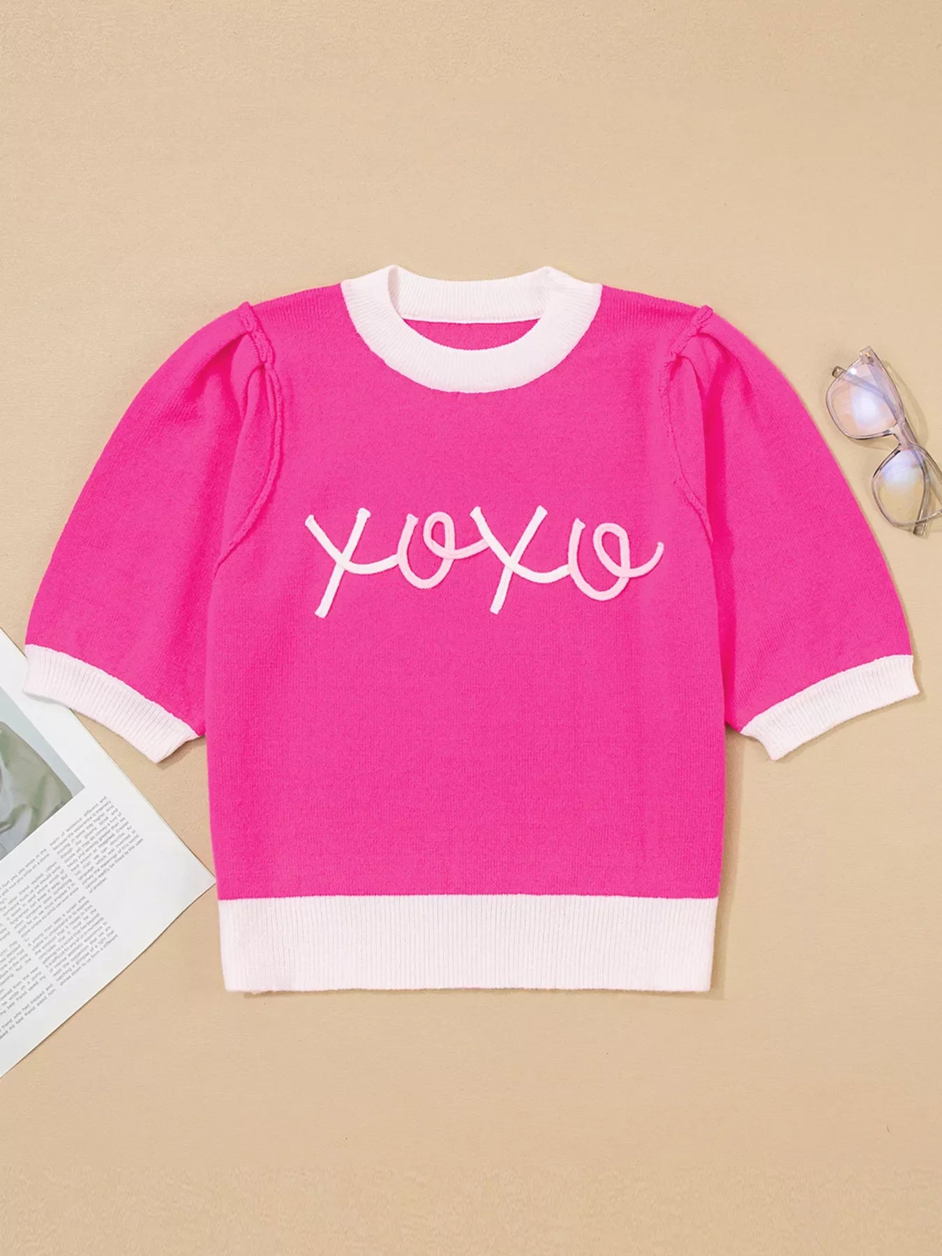 XOXO Valentines Contrast Trim Crew Neck Short Sleeve Sweater