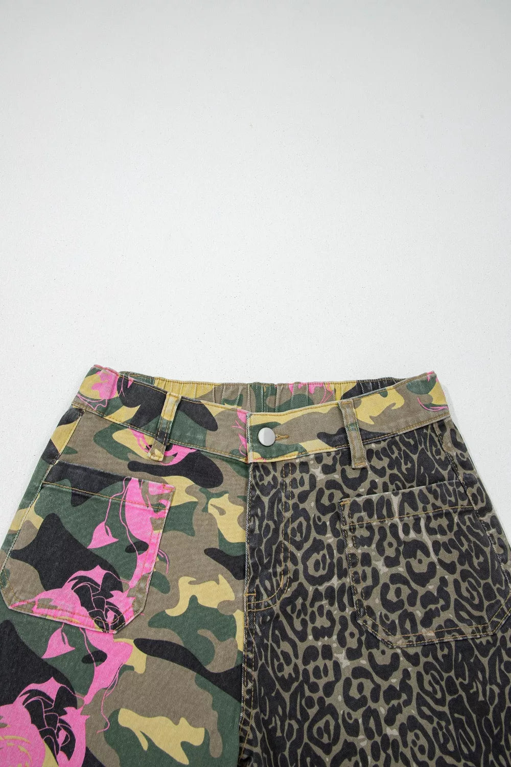 Multicolour Retro Floral Leopard Contrast Patchwork Raw Hem Jeans