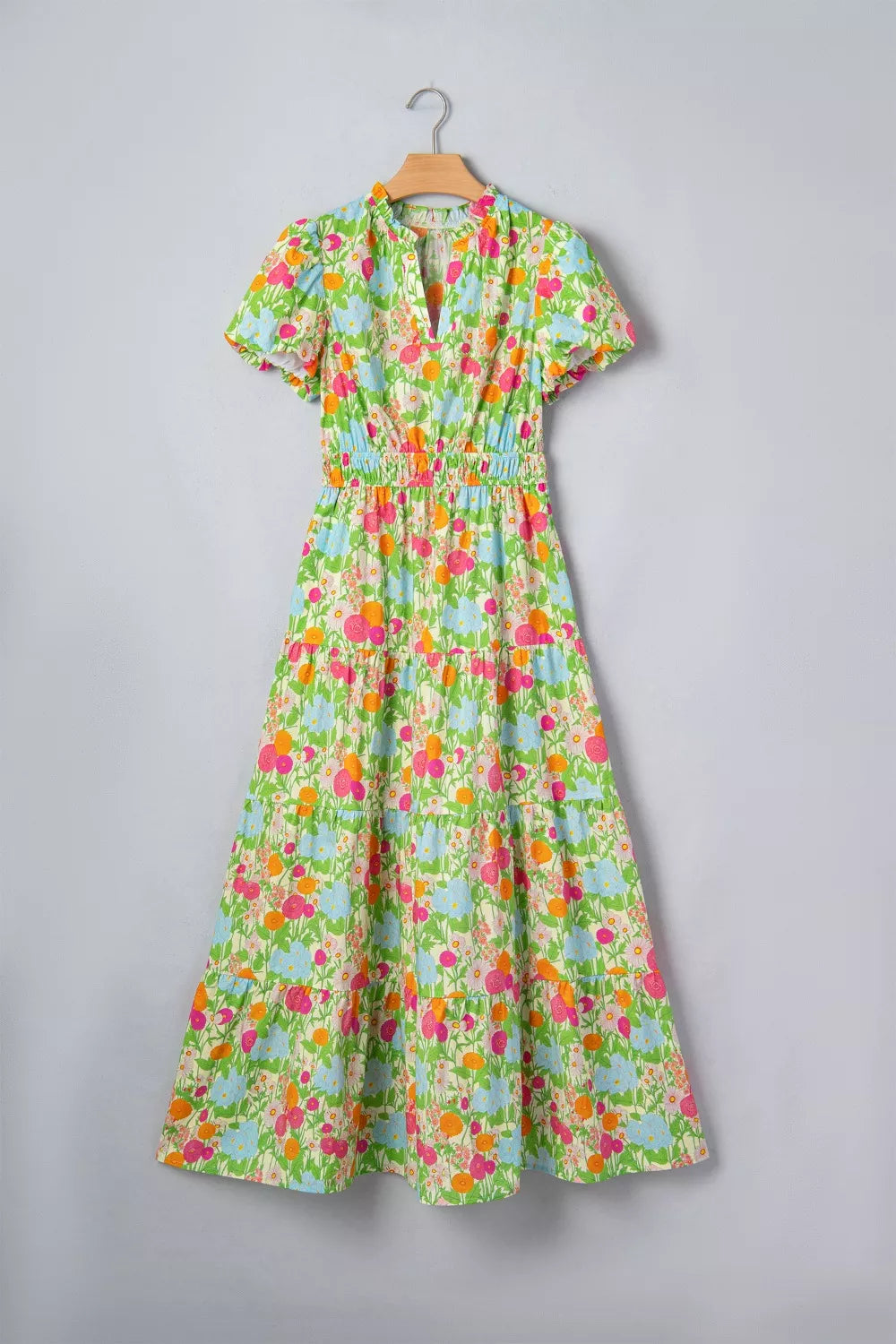 Floral Print V Neck Short Puff Sleeve Cotton Maxi Dress