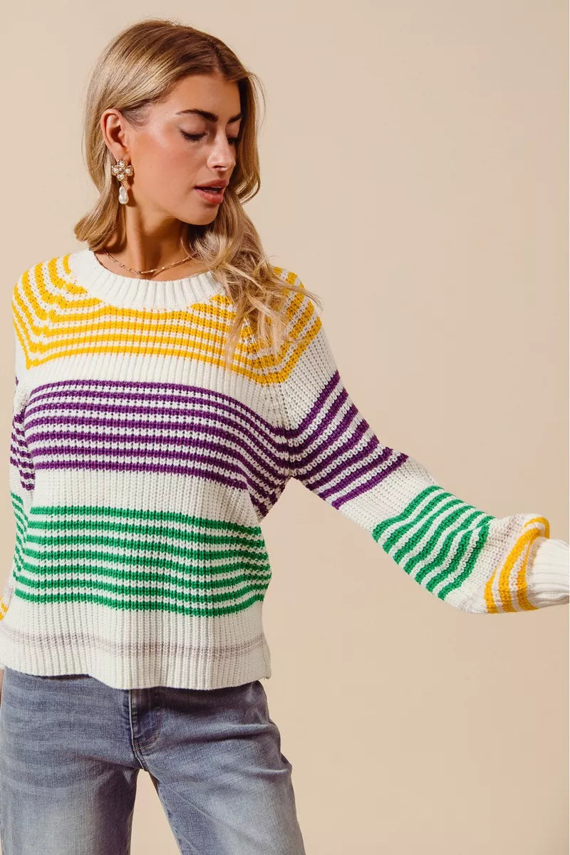 SO ME Mardi Gras Color Striped Raglan Sweater Top