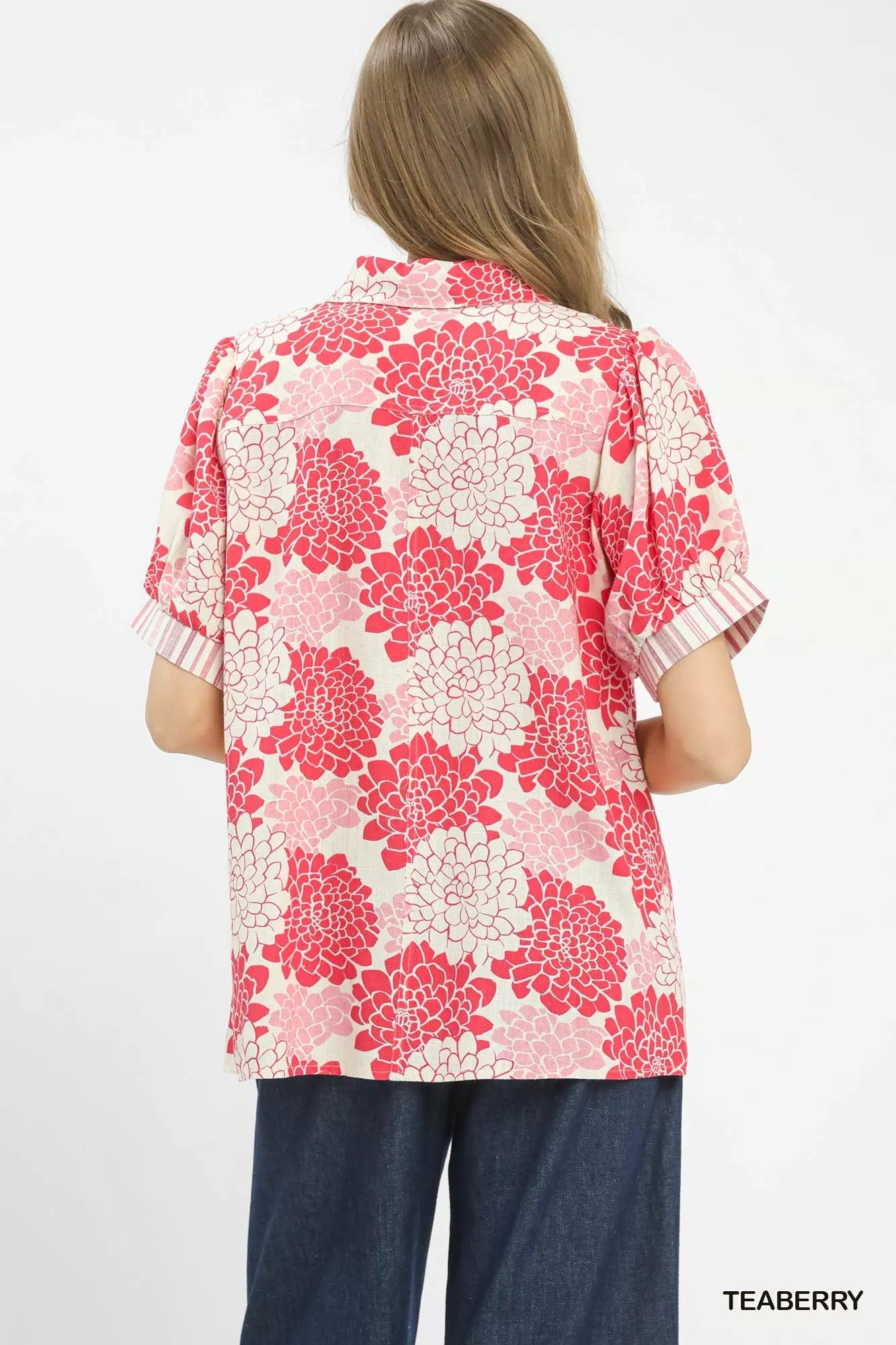 Umgee Floral Collared Short Sleeve Blouse