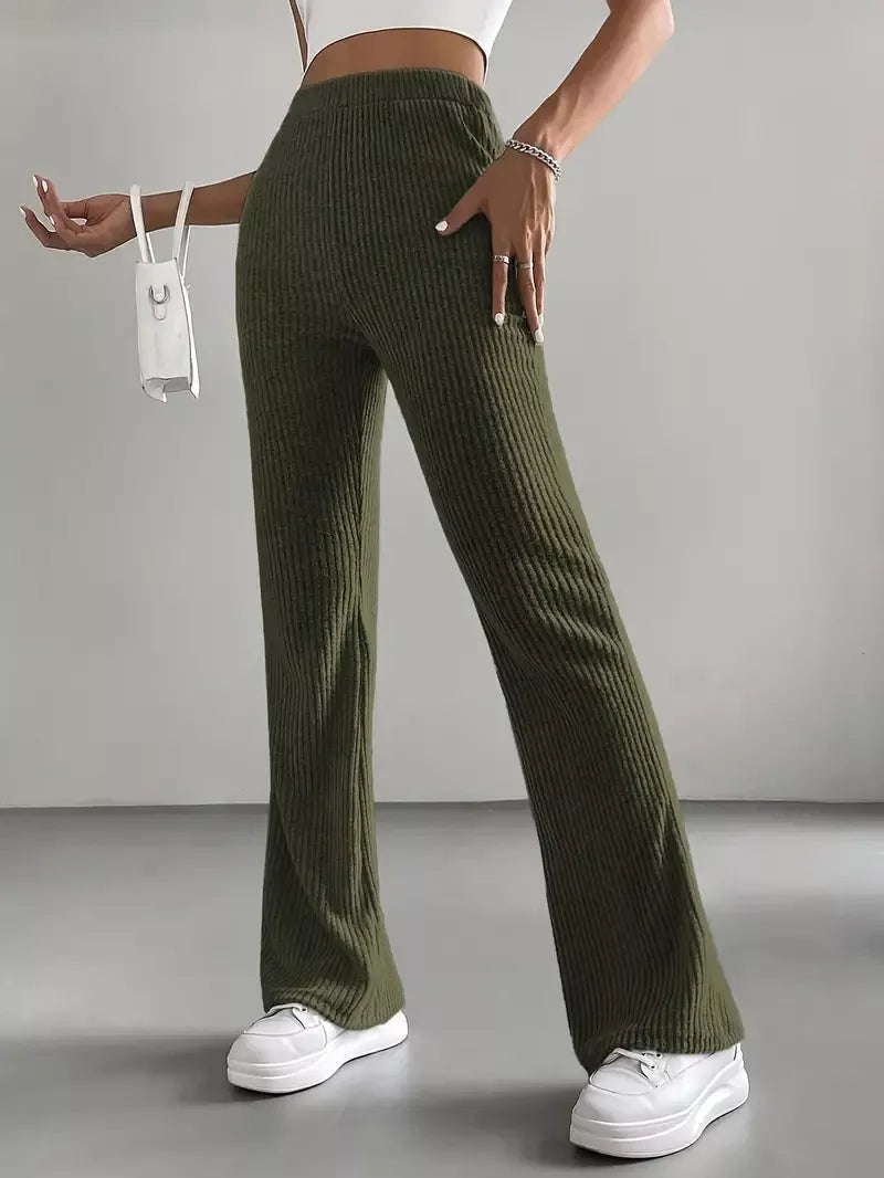Ribbed Knit High Waist Flare Pants