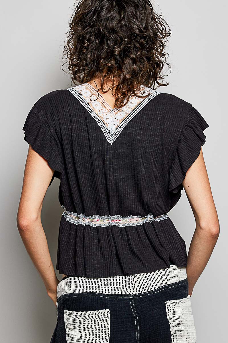 POL Tied Ruffled V-Neck Short Sleeve Blouse with Lace Detail