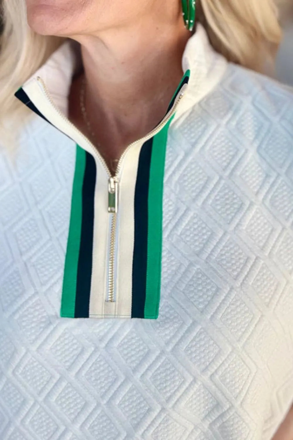 Striped Collared Zip Up Textured Dress