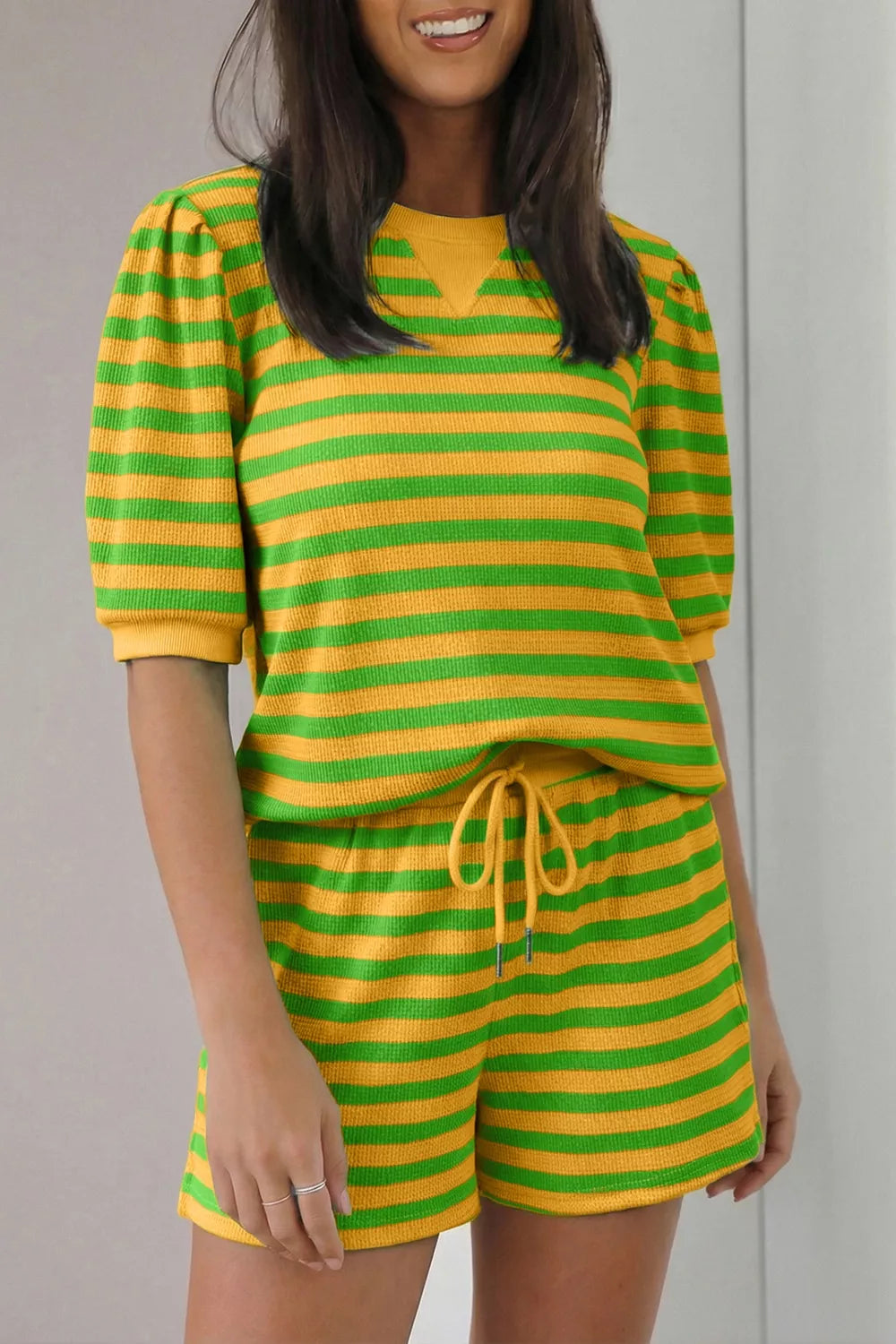 Striped Puff Sleeve Top and Drawstring Shorts Set