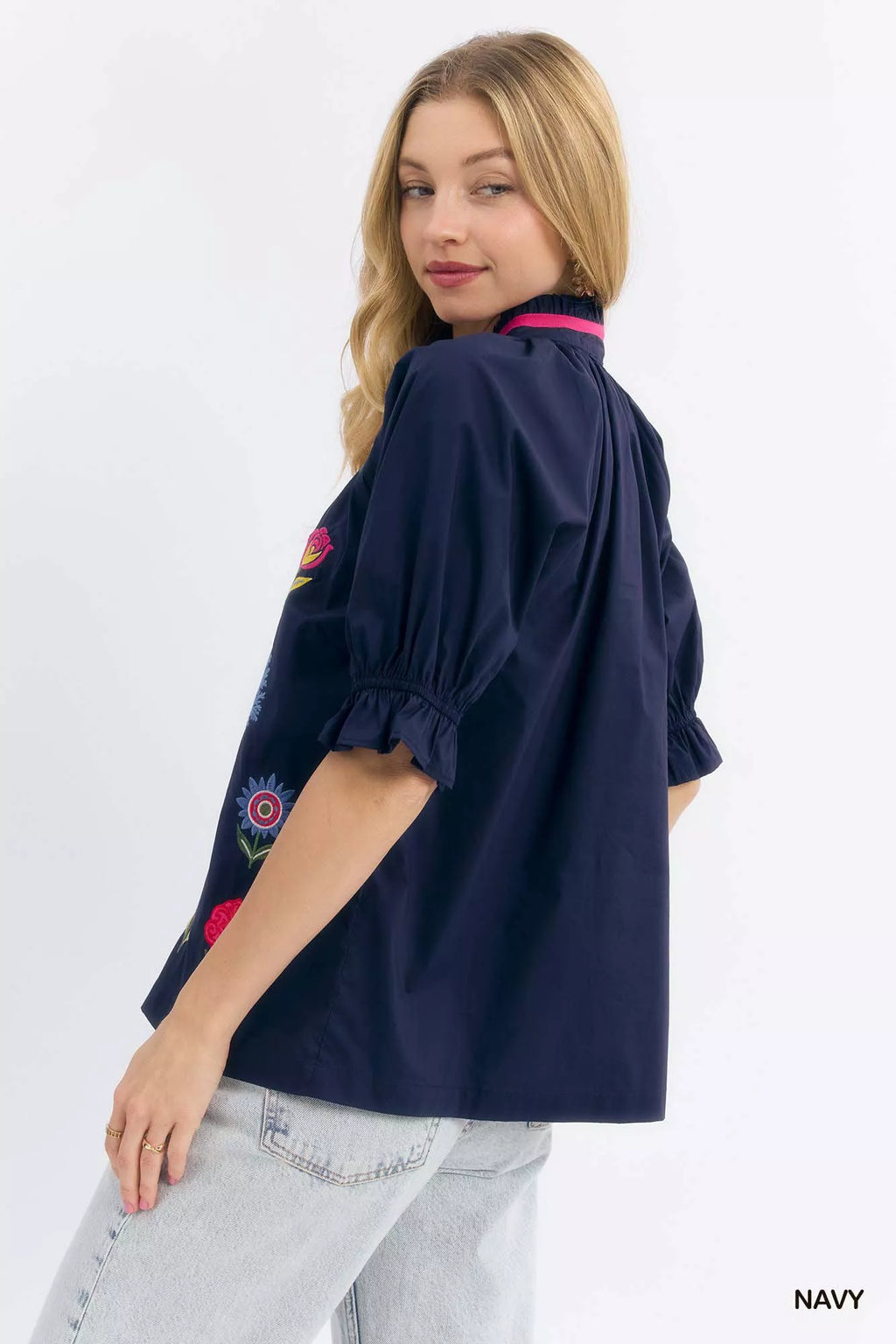 Umgee Embroidered Floral Top with Contrast Trim