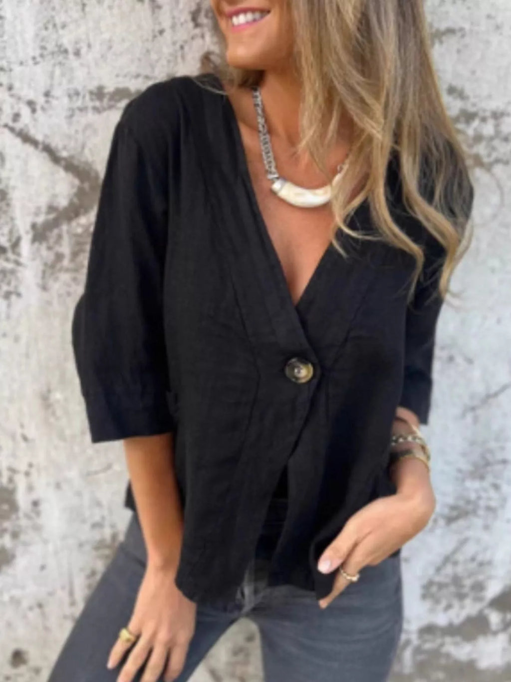 Full Size One Button V-Neck Shirt Plus Size