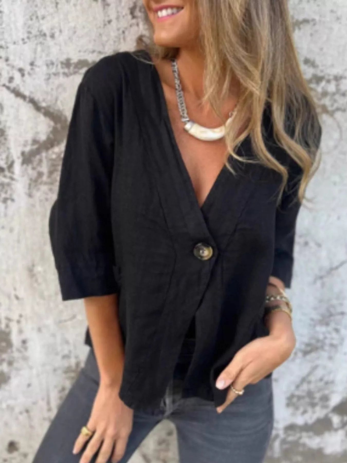 Full Size One Button V-Neck Shirt Plus Size