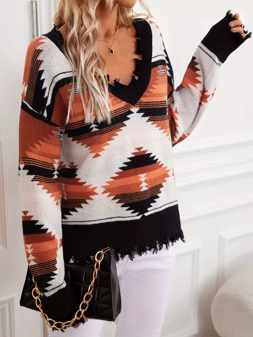 Geometric Frayed Hem V-Neck Long Sleeve Sweater
