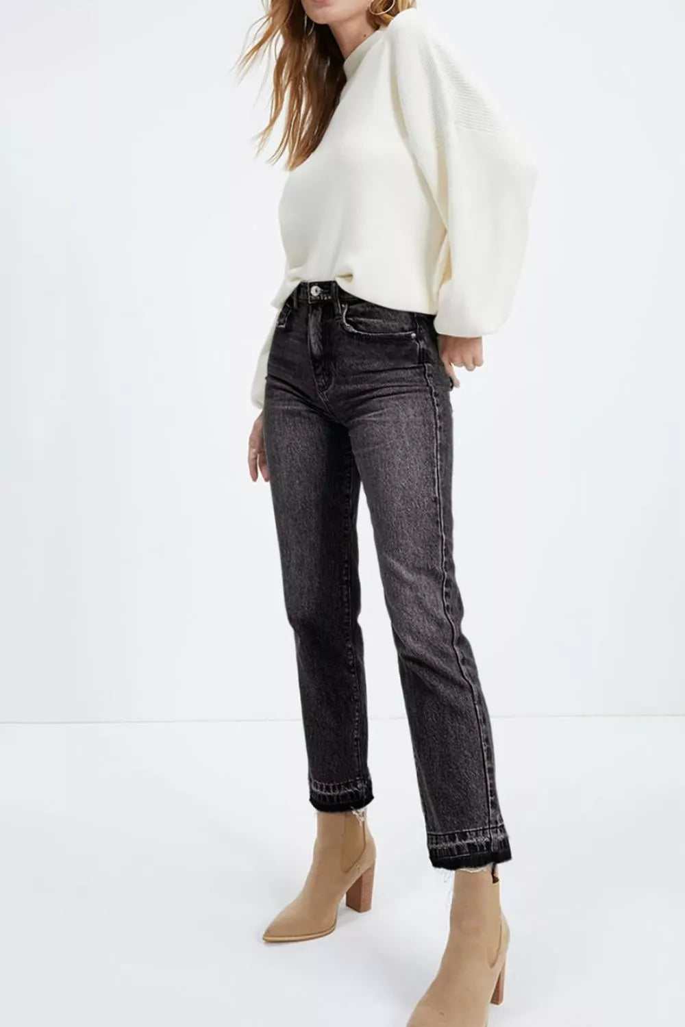 High-Waisted Distressed Hem Straight Leg Jeans