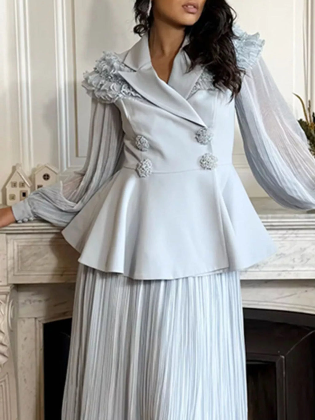 Frill Lapel Collar Top and Pleated Skirt Set