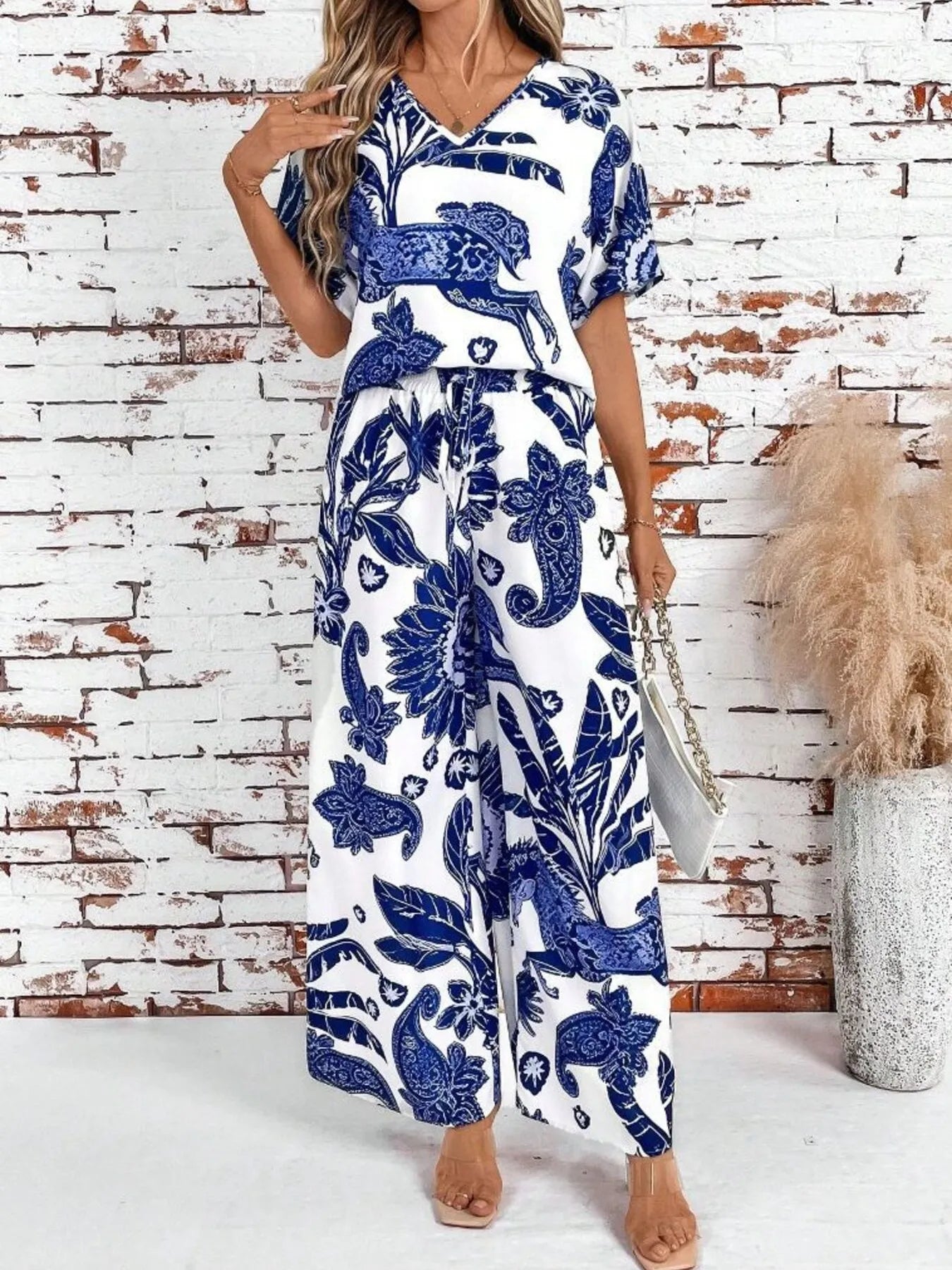 Printed V-Neck Top and Wide Leg Pants Set