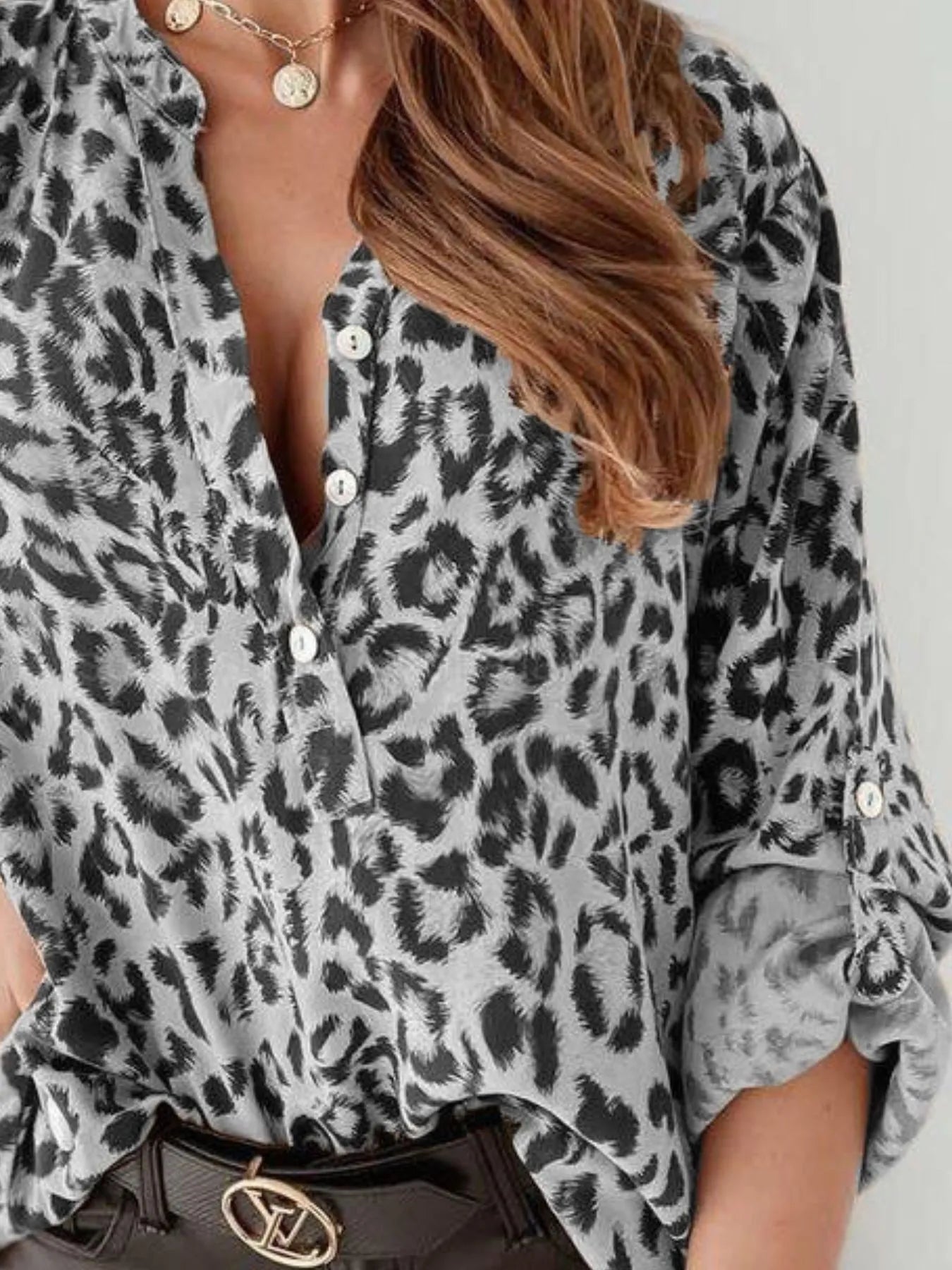 Full Size Leopard Print Roll-Tab Sleeves Blouse Plus Size