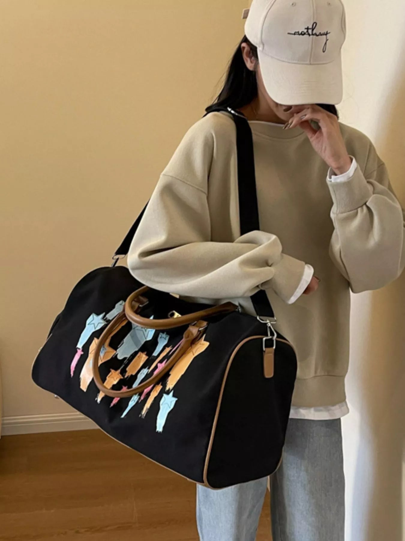 Canvas Duffle Bag with Shooting Star Print