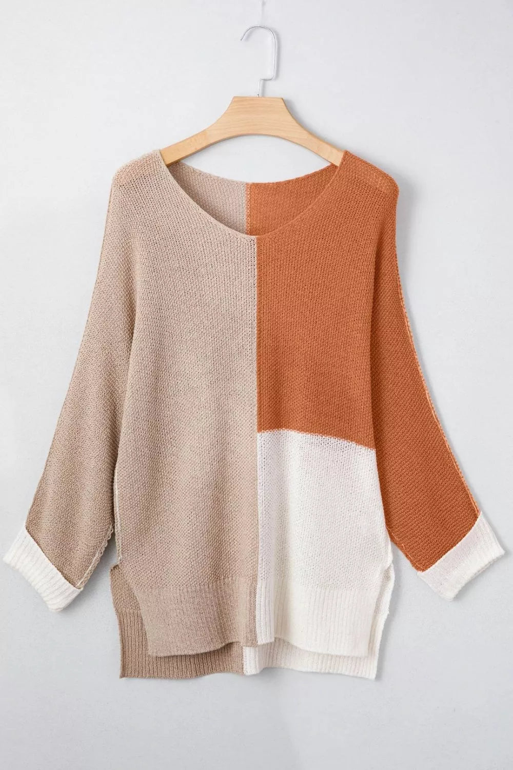 Color Block Knit V Neck Loose Sweater