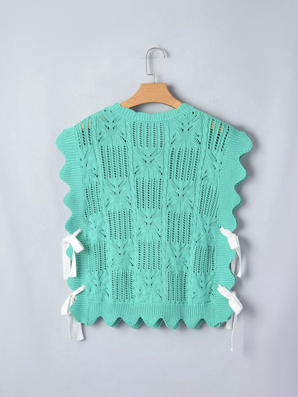 Pointelle Knit Patterned Scalloped Trim Short Sleeve Sweater