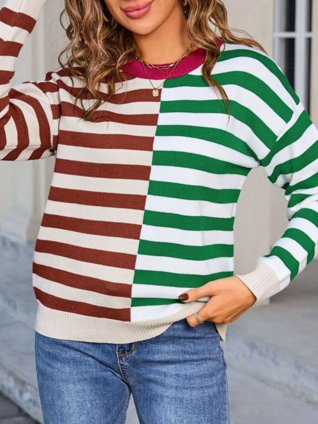 Striped Round Neck Long Sleeve Sweater