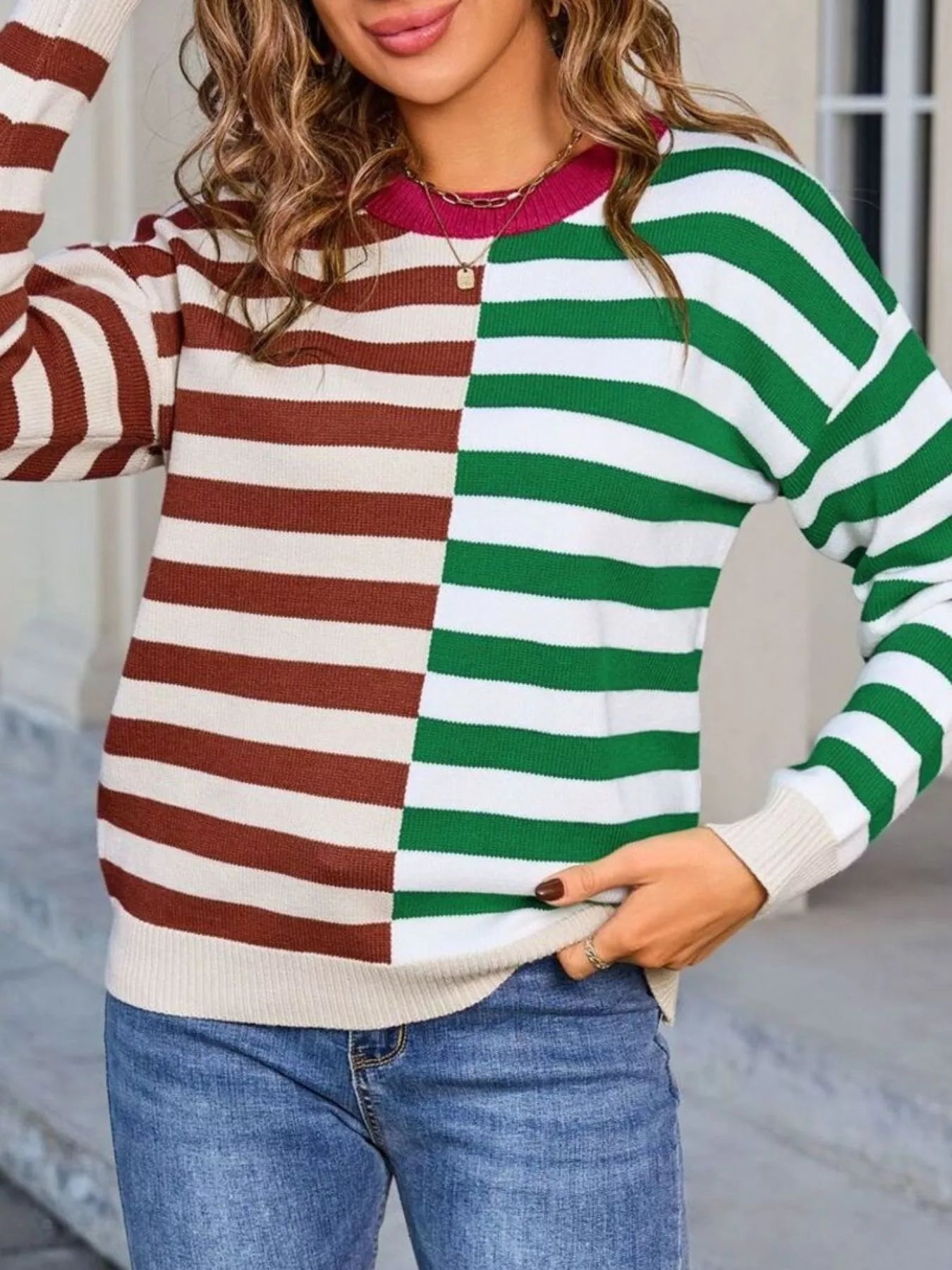 Striped Round Neck Long Sleeve Sweater