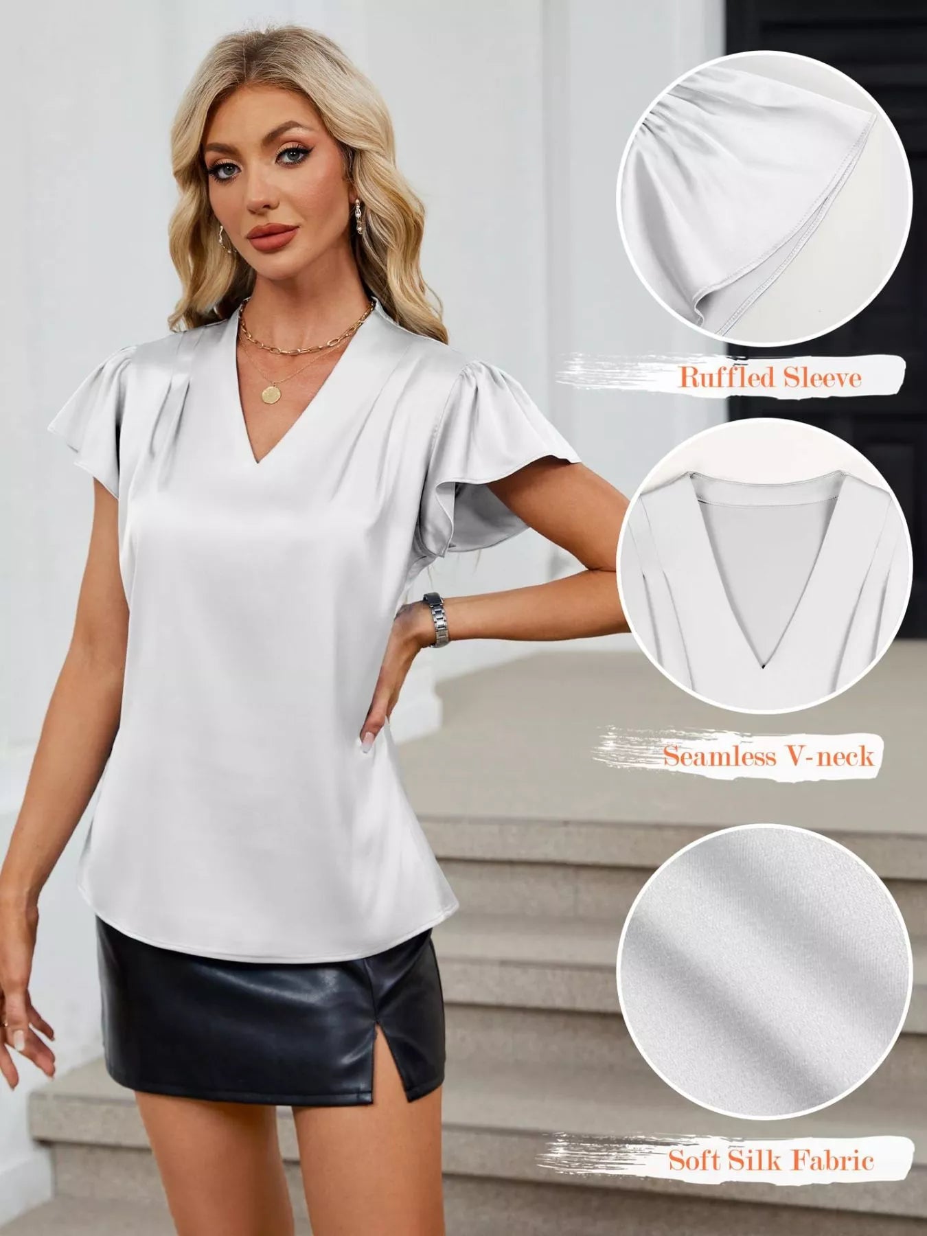 Satin V-Neck Flutter Sleeve Blouse