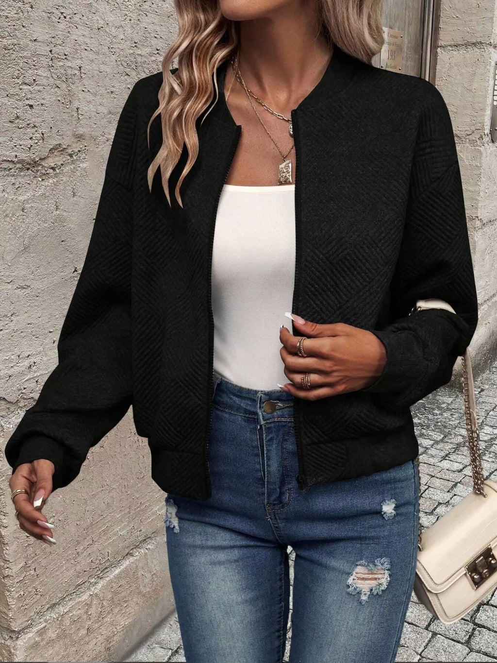 Zip-Up Textured Long Sleeve Jacket