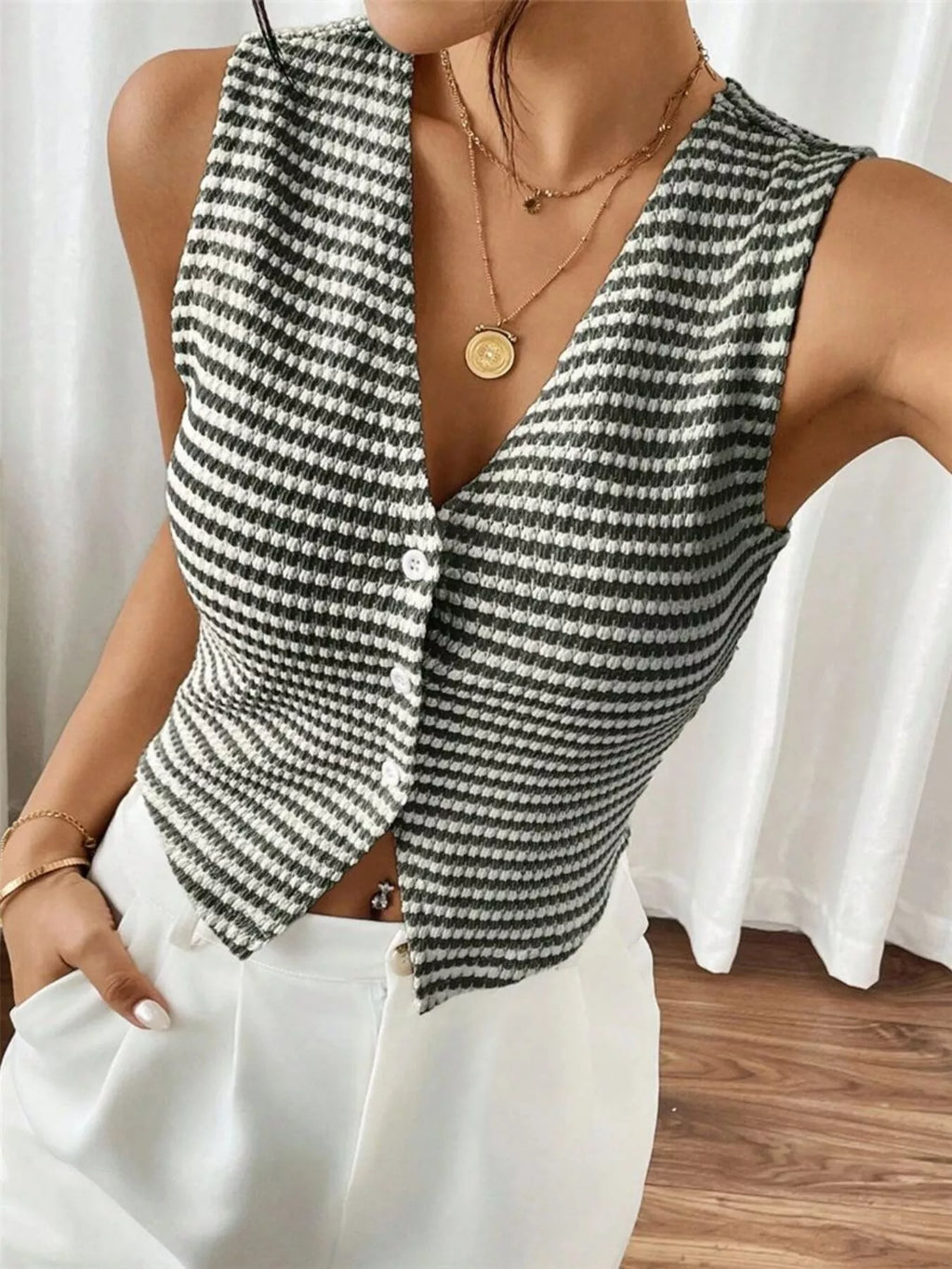 Striped Knit V-Neck Vest