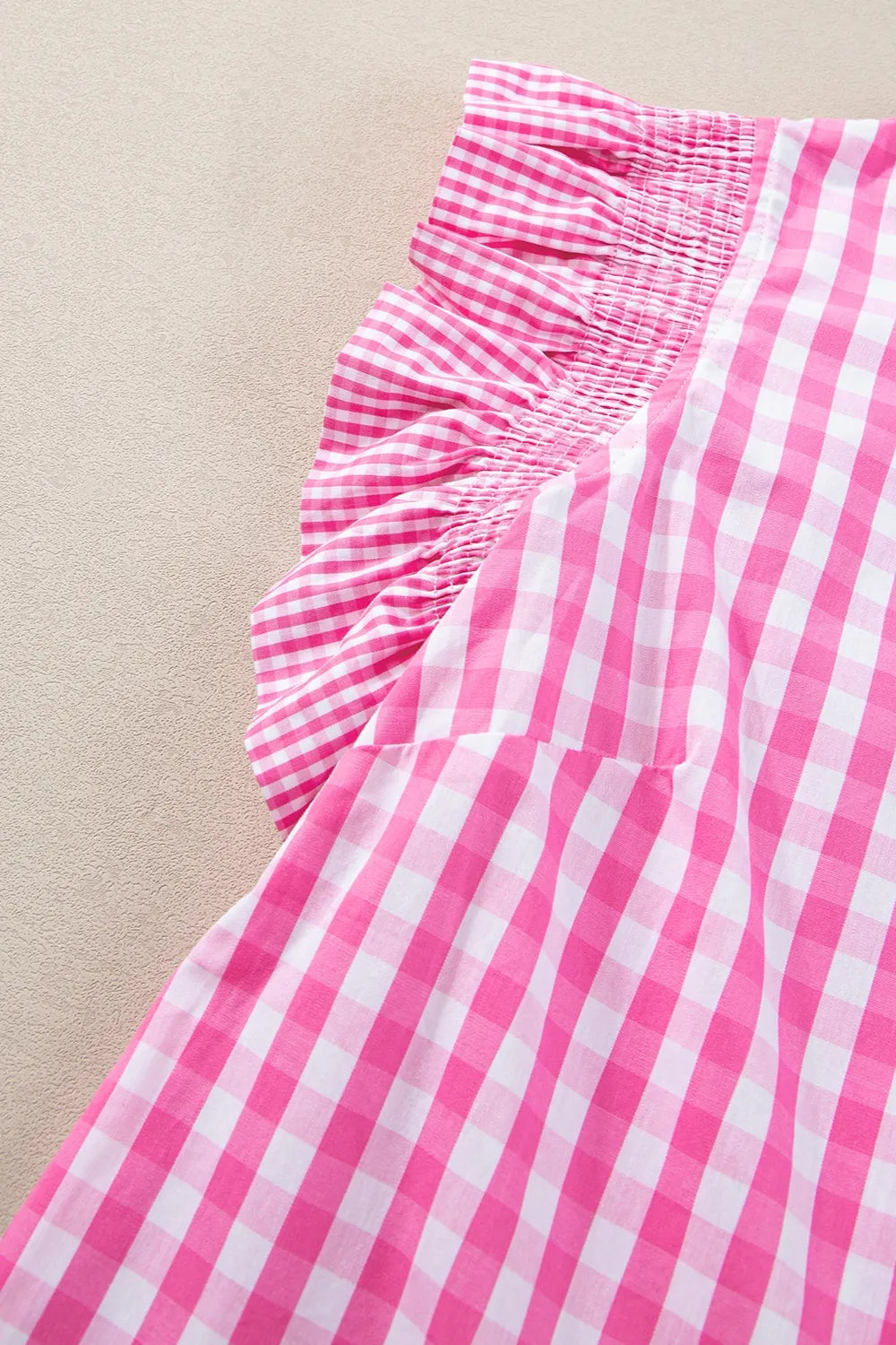 Ruffled Plaid Mock Neck Cap Sleeve Blouse