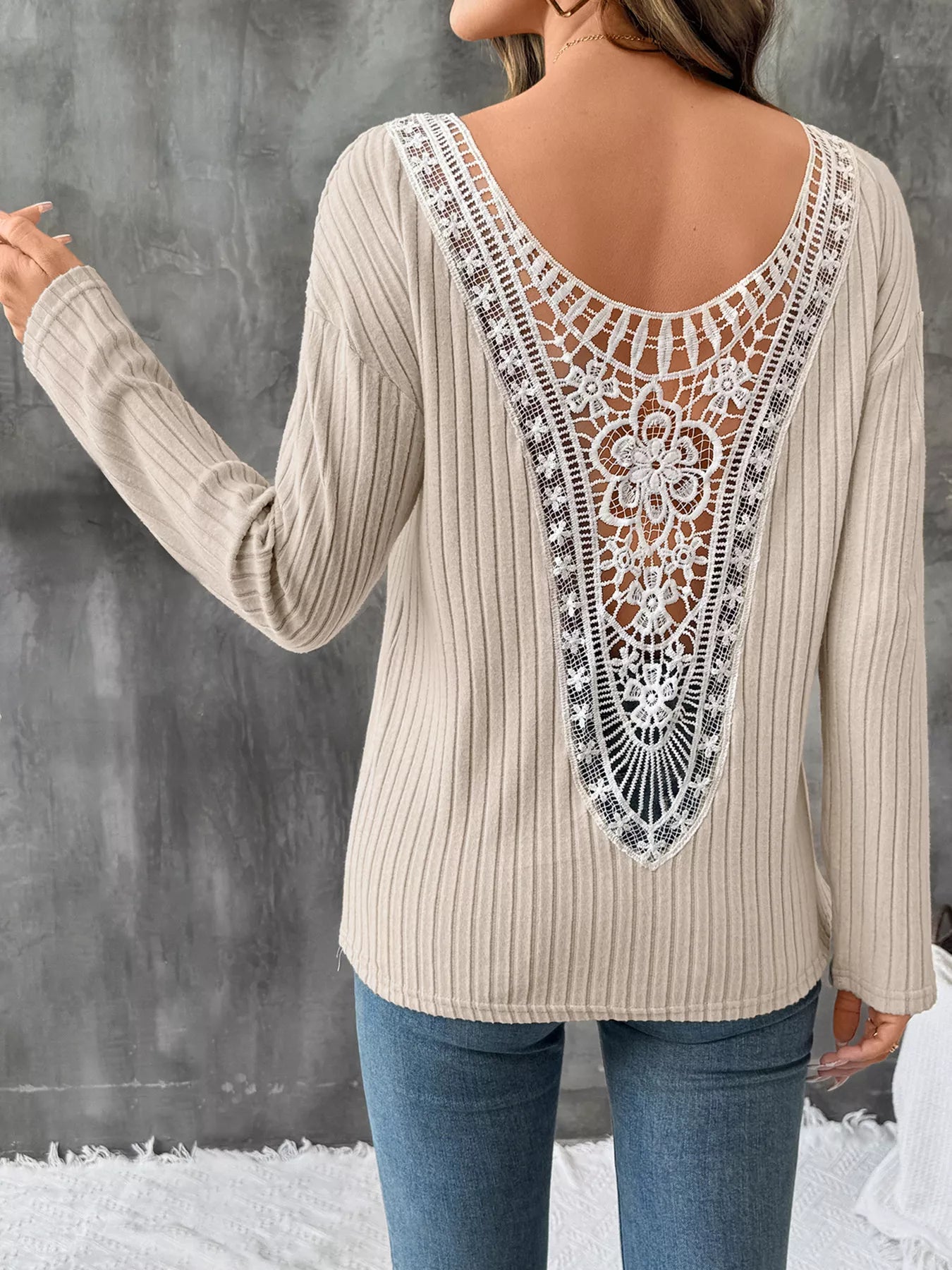 Lace Detail Ribbed Knit Long Sleeve T-Shirt