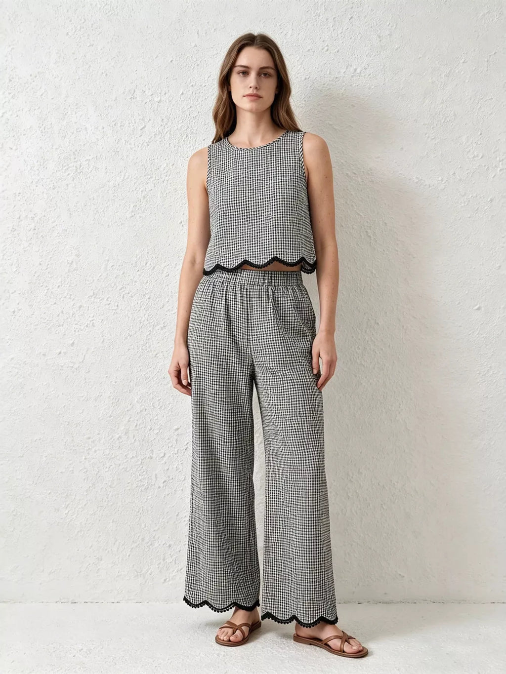 Plaid Scalloped Trim Tank and Pants Set
