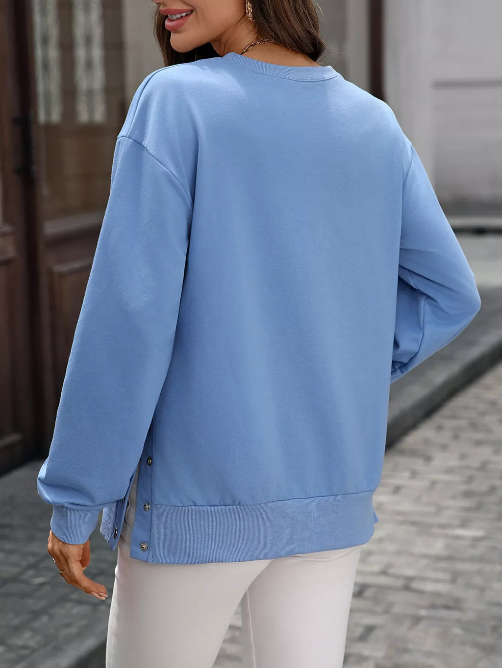 Side Snap Round Neck Sweatshirt