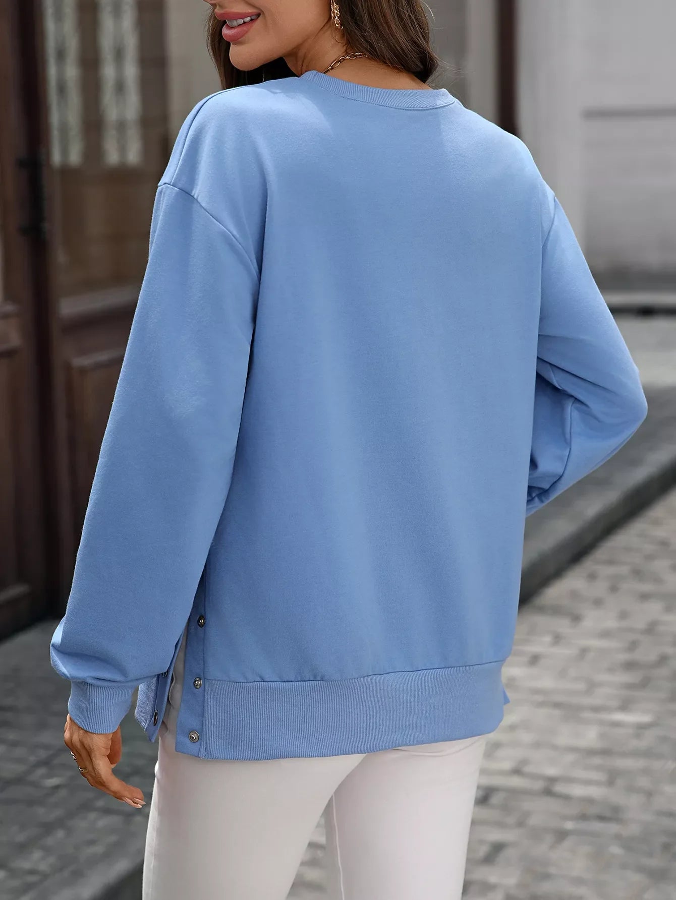 Side Snap Round Neck Sweatshirt