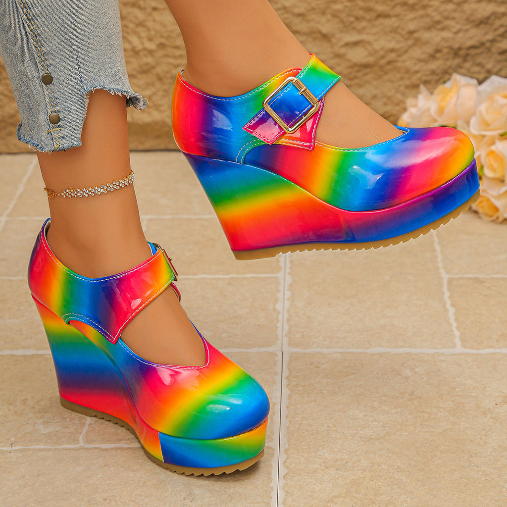 Colorful Round Toe Wedge Mary Jane Loafers