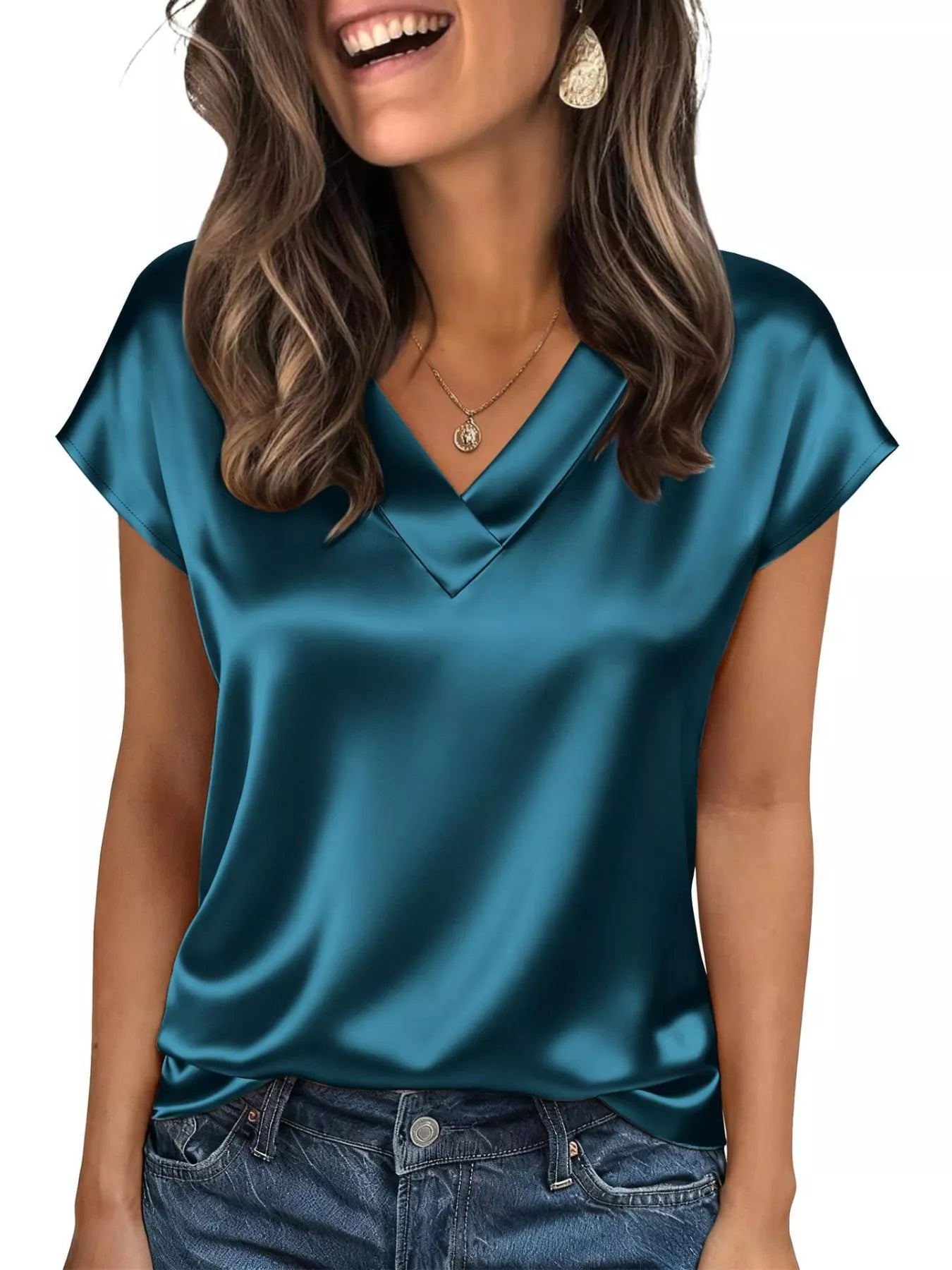 Satin V-Neck Cap Sleeve Blouse