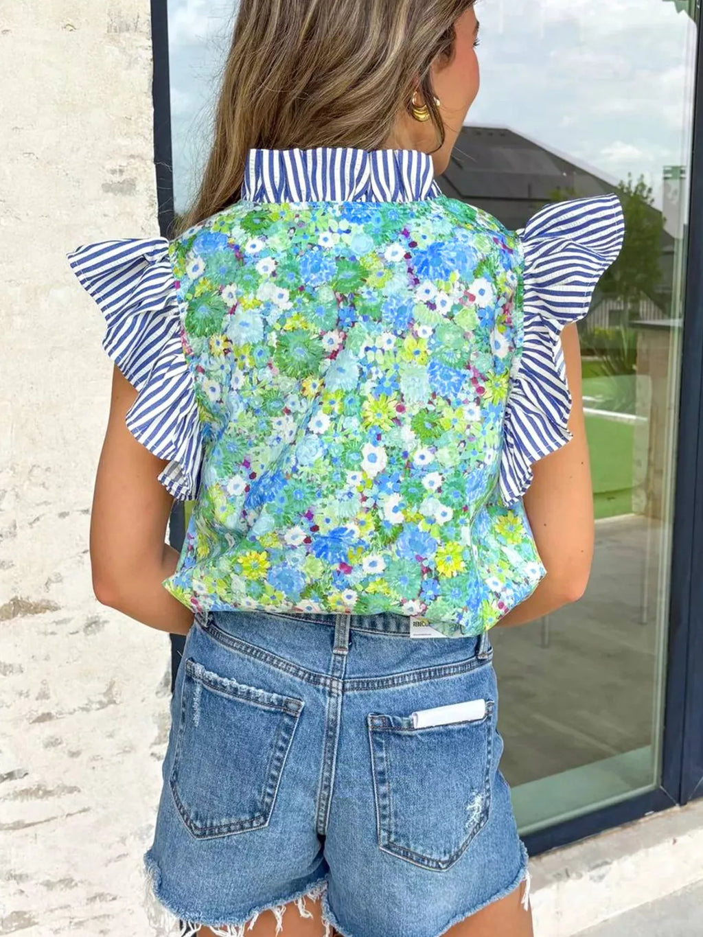 Floral Painting Print Striped Patchwork Flutter Sleeve V Neck Blouse