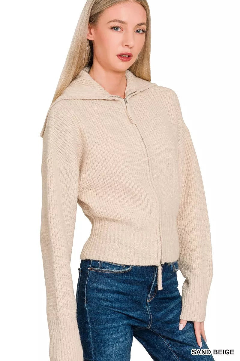 Zenana Ribbed Collared Zip Up Sweater Cardigan