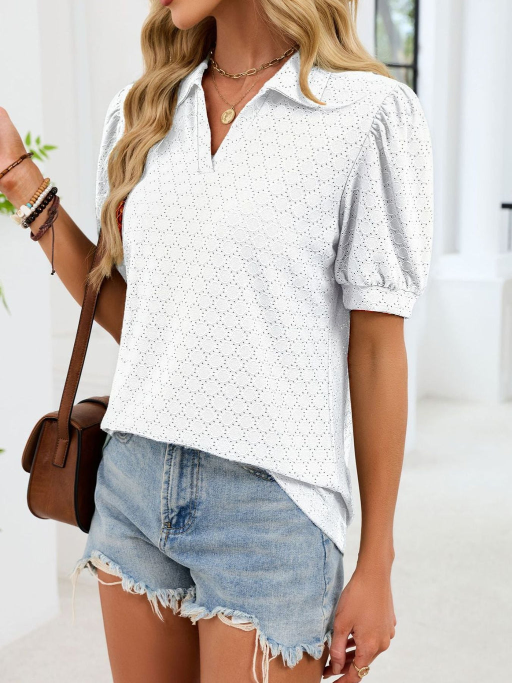 Eyelet Johnny Collar Puff Sleeve Top