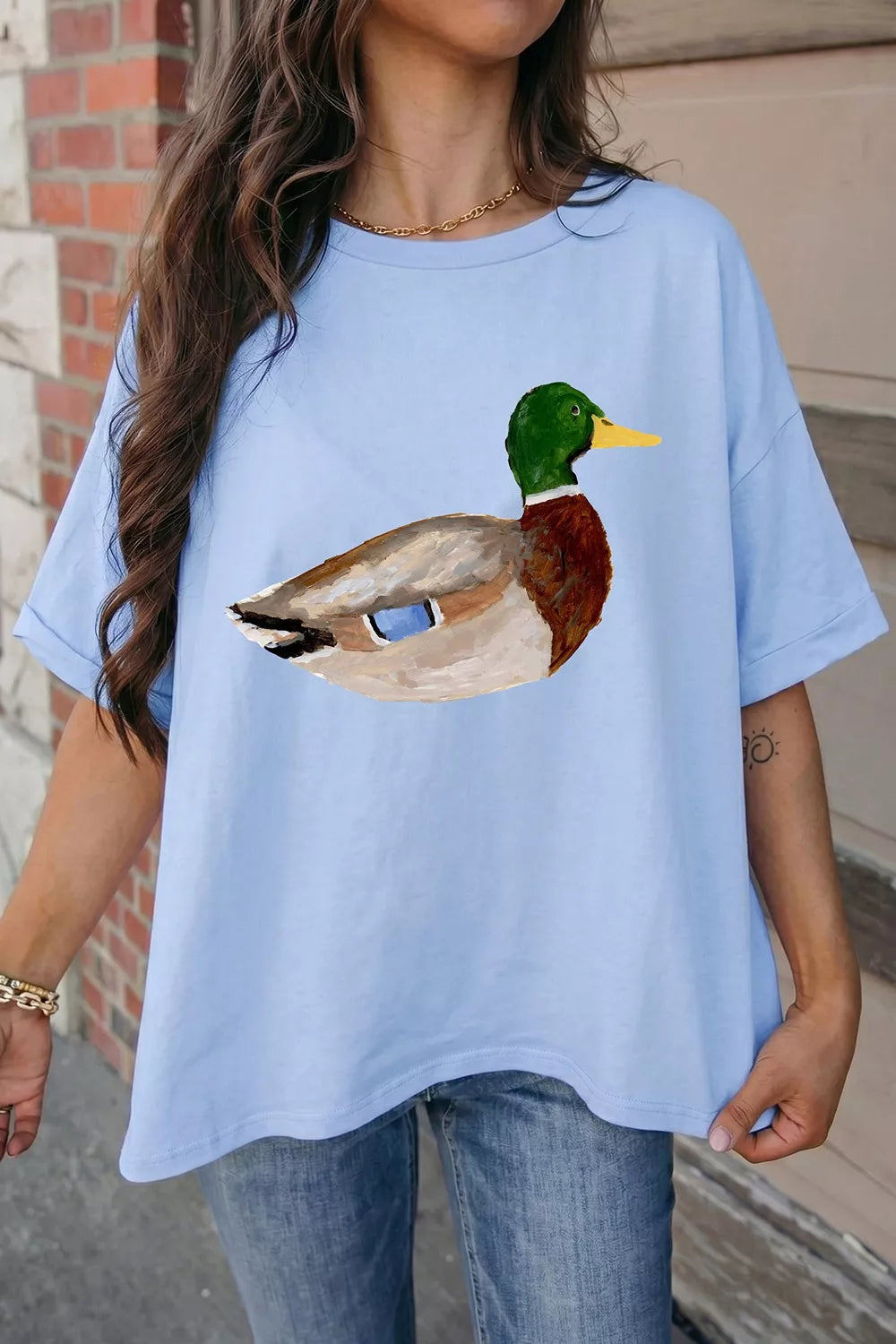Western Duck Graphic Round Neck Oversized T-Shirt