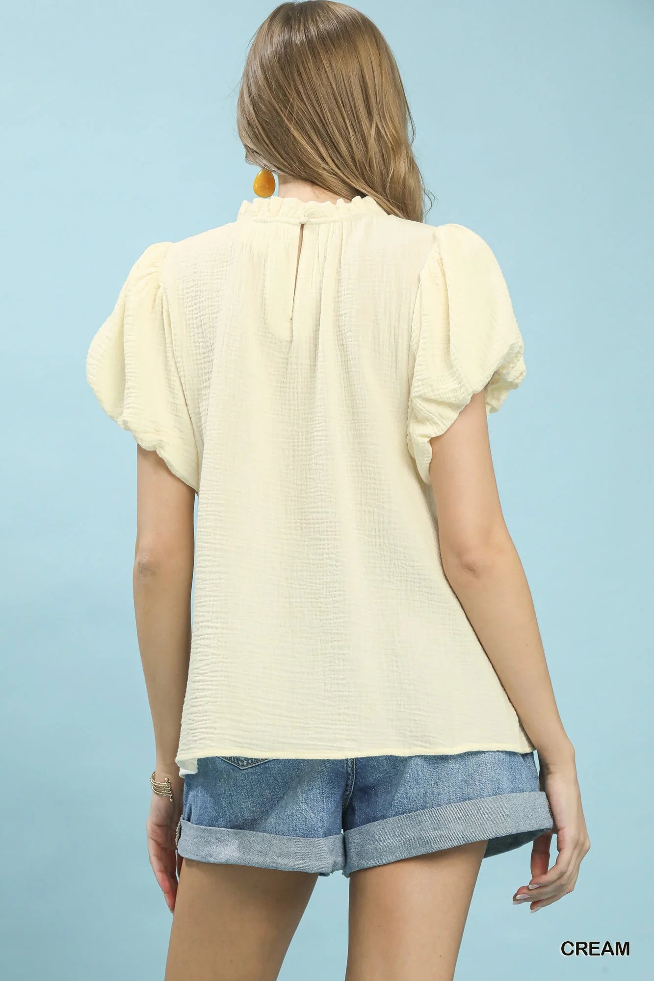 Umgee Textured Gauze Ruffle Neck Boho Top