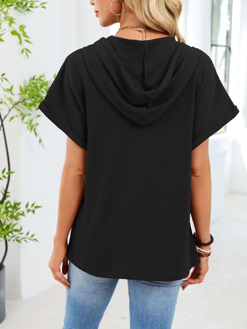 Casual Waffle Knit Button Detail Hooded Top