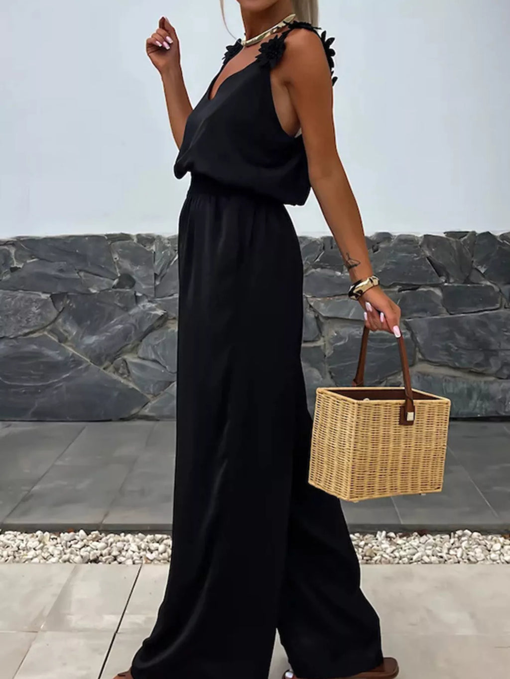 Floral Applique V-Neck Wide Leg Jumpsuit