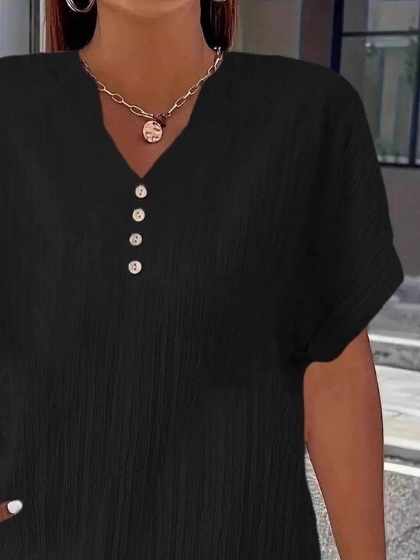 Plus Size Notched Short Sleeve Textured Top