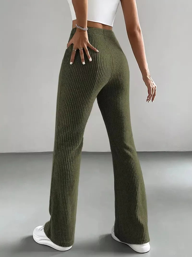 Ribbed Knit High Waist Flare Pants