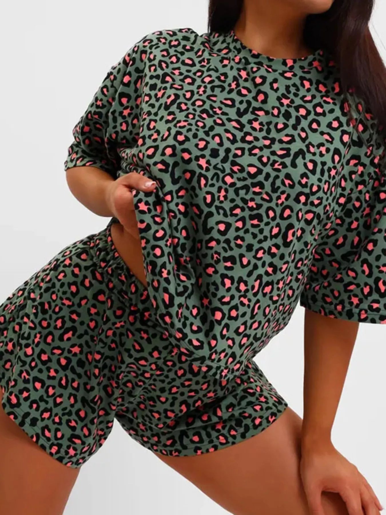 Leopard Print Relaxed Fit Tee and Shorts Lounge Set