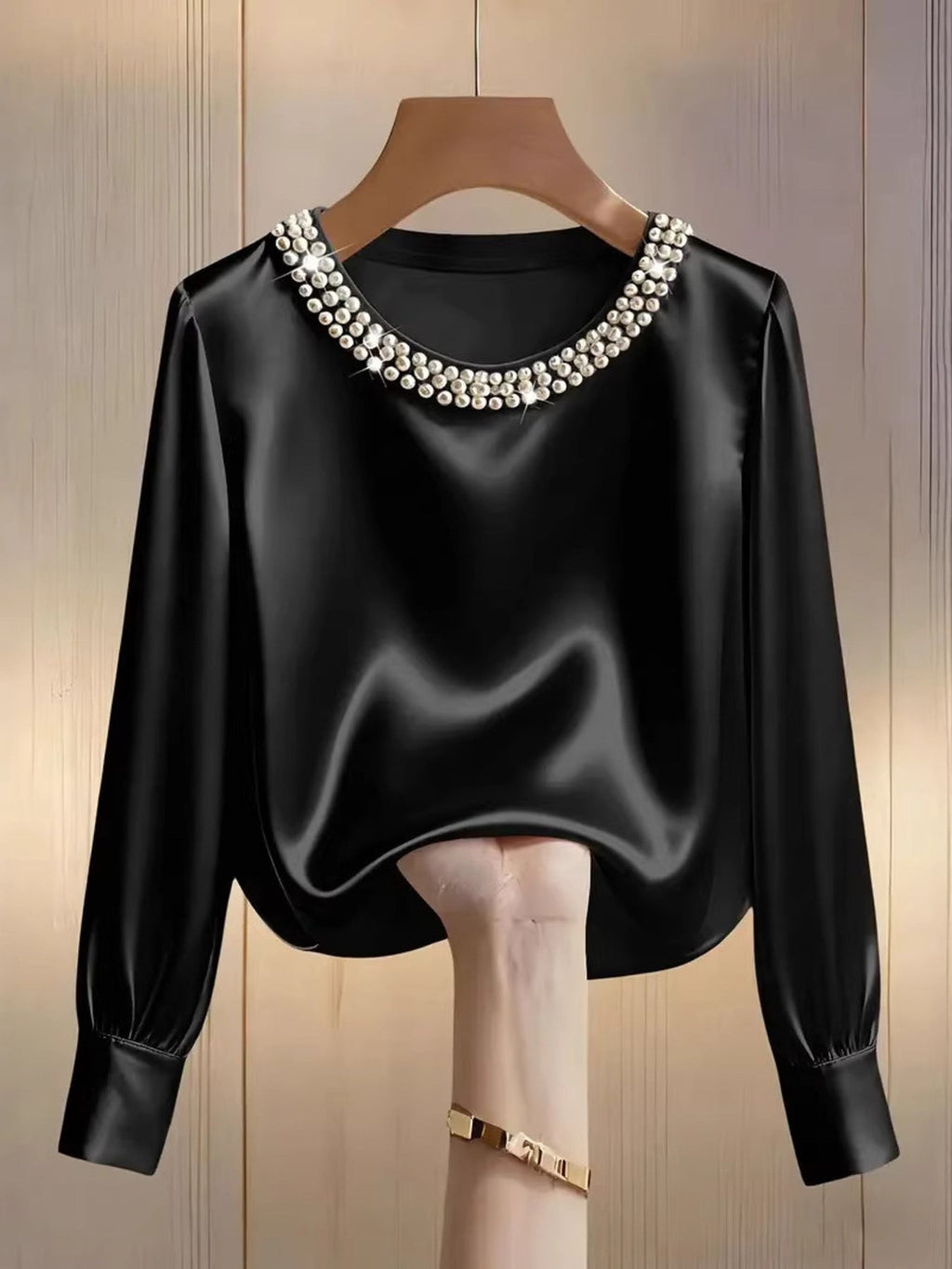 Pearl Trim Round Neck Silk Blouse
