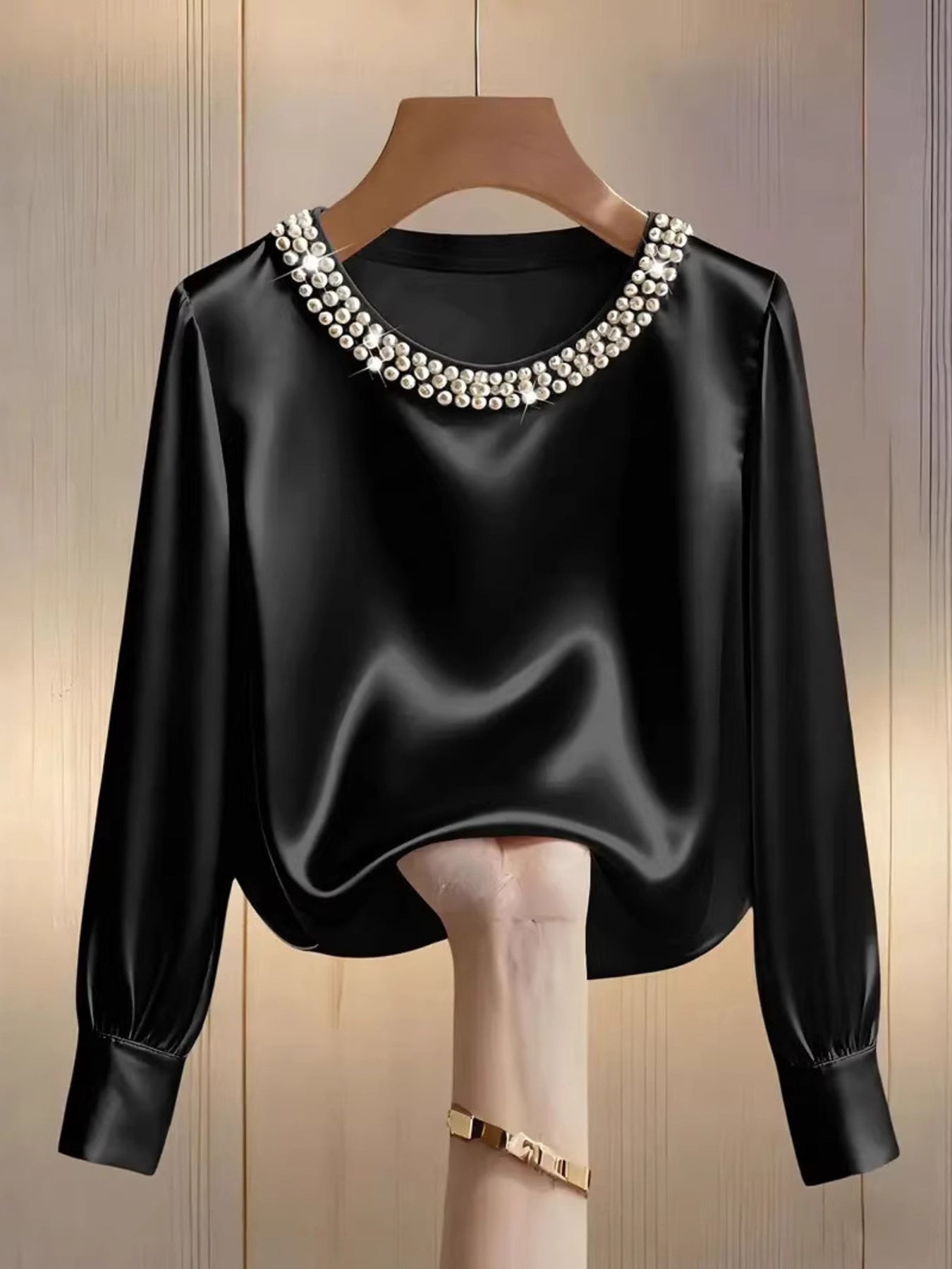 Pearl Trim Round Neck Silk Blouse