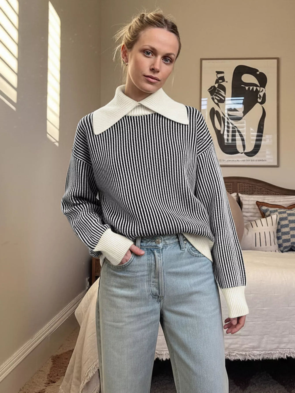 Striped Knit Sweater with Contrast Collar