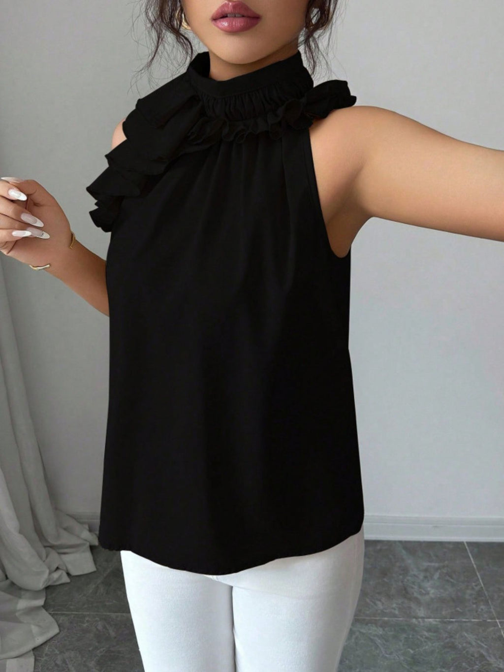 Ruffle High Neck Sleeveless Top