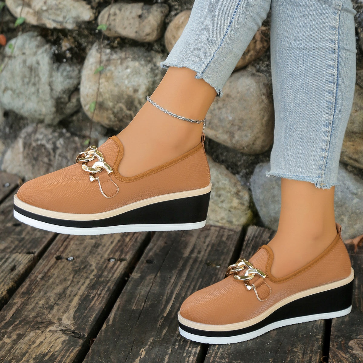 Chain Decor Wedge Loafers