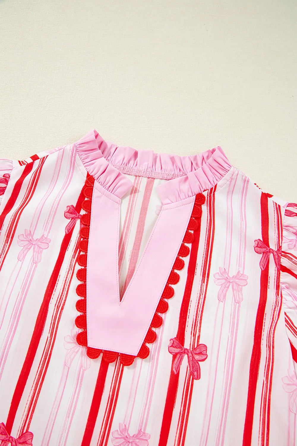 Ric-Rac Trim Ruffled Sleeve Striped Printed Blouse